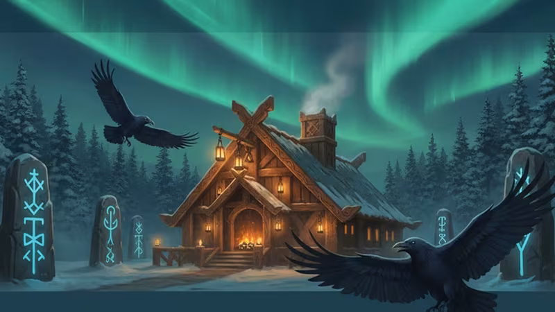 Cover art for Tales of Asgard: a Viking hall under the northern lights